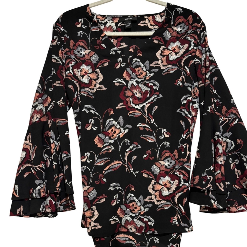 Alfani Womens Black Floral Bell Sleeve Top Sz 14 career Fairy whimsigoth boho